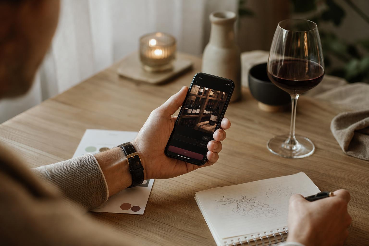 Person som sparar ett vin i sin digitala vinkällare på mobilen vid ett bord med tasting-noter och vinglas