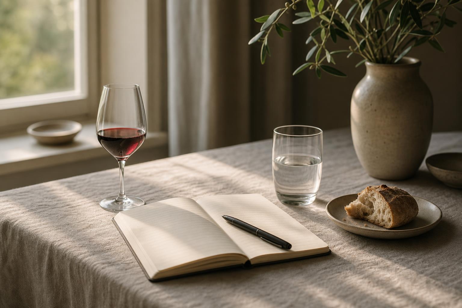 Ansvarsfull vinprovning med ett glas vin, anteckningsbok, ett glas vatten och bröd vid mjukt dagsljus